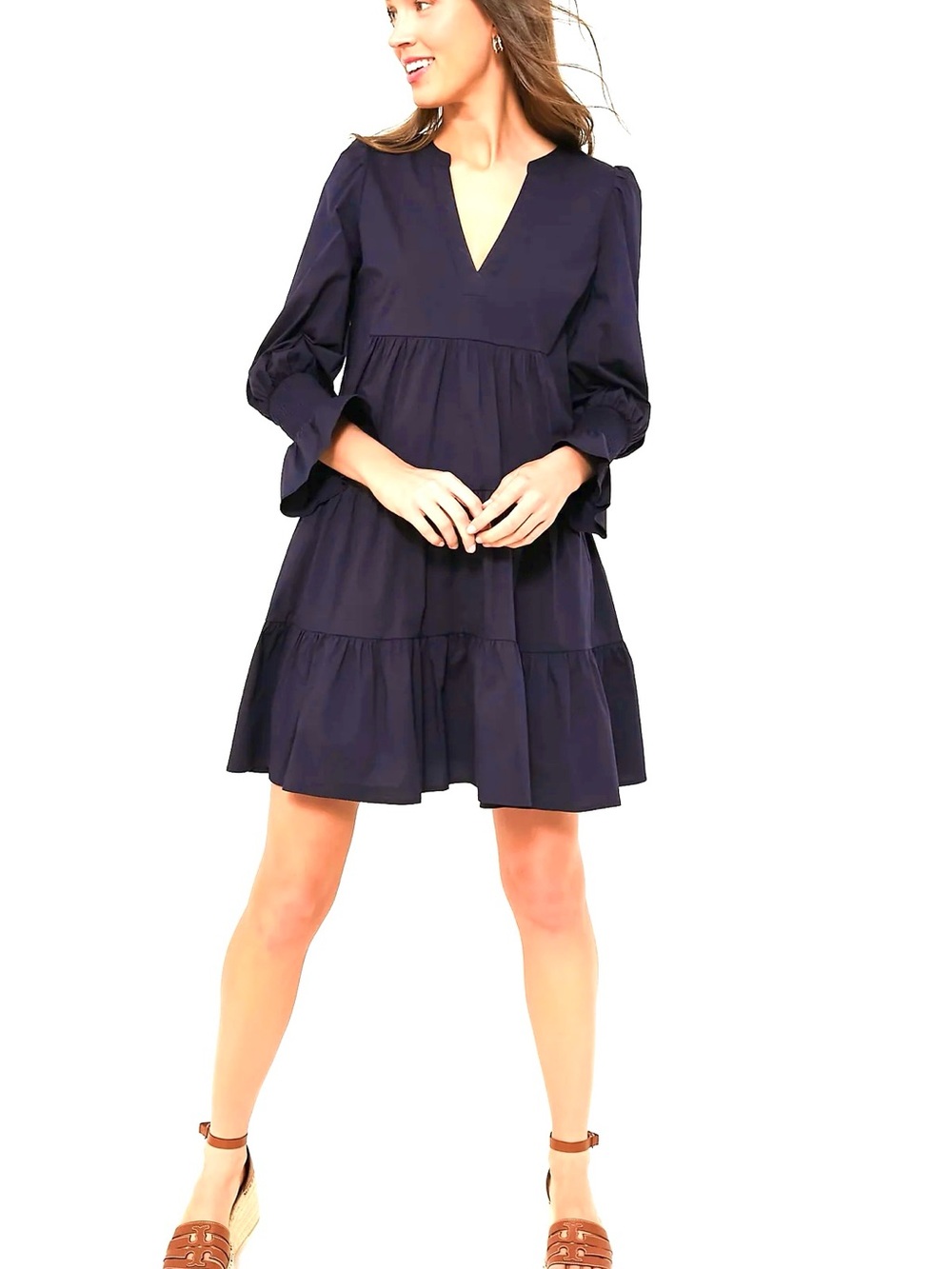 Tuckernuck Pomander Place Kenzo Dress Navy Poplin Smocked Ruffle Cuff Medium